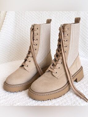 Sam Edelman Lydell Beige Suede Knit Combat Boots Size 8